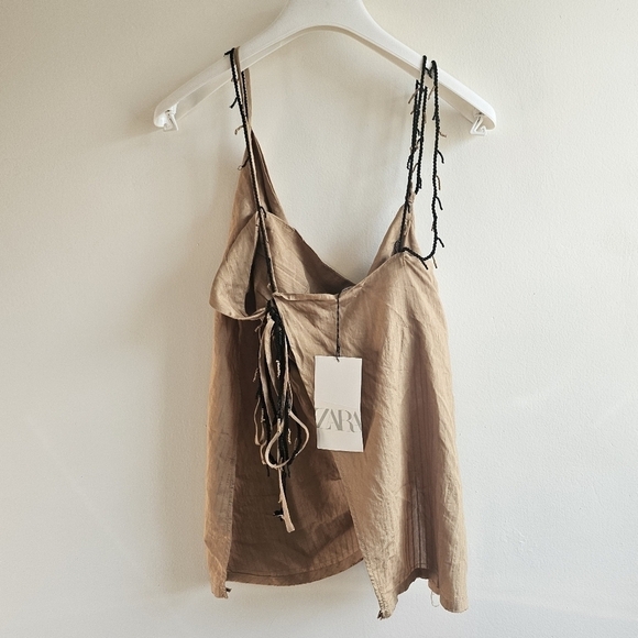 New Zara Beaded Asymmetrical Draped Tan Top NWT Sizes Medium, Large - Picture 8 of 11